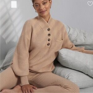 LUNYA Cozy Cotton Silk Henley Sweater Womens L/XL Tan Oversized Knit Loungewear